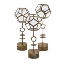 Set of 3 Contemporary Glass Geodesic Bowl and Mango Wood Terrarium Plant Stands 18"   